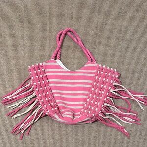 Pink and White Striped Fringe Tote Bag